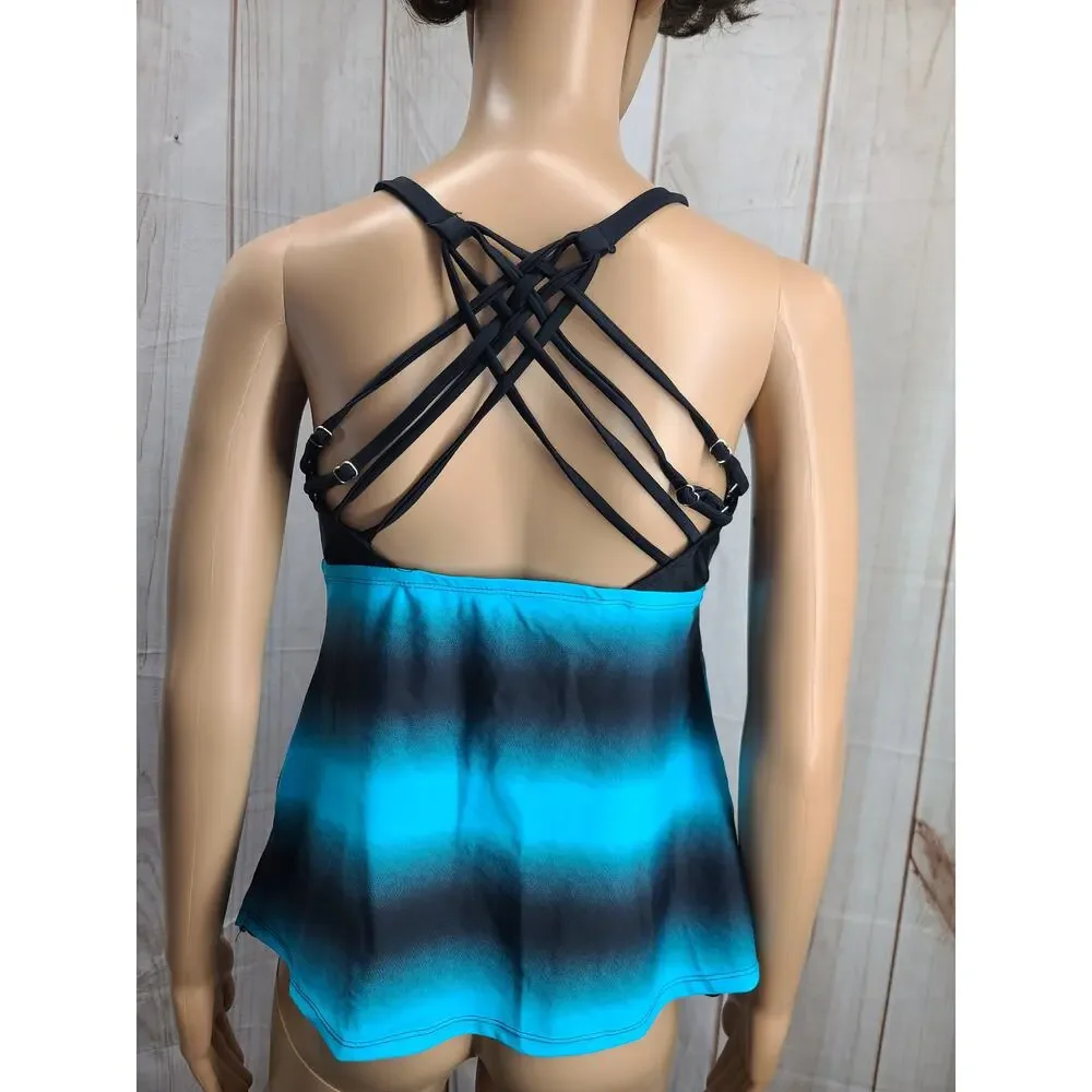 Women M Blue & Black Ombre Tankini Set Swimsuit Racerback Straps